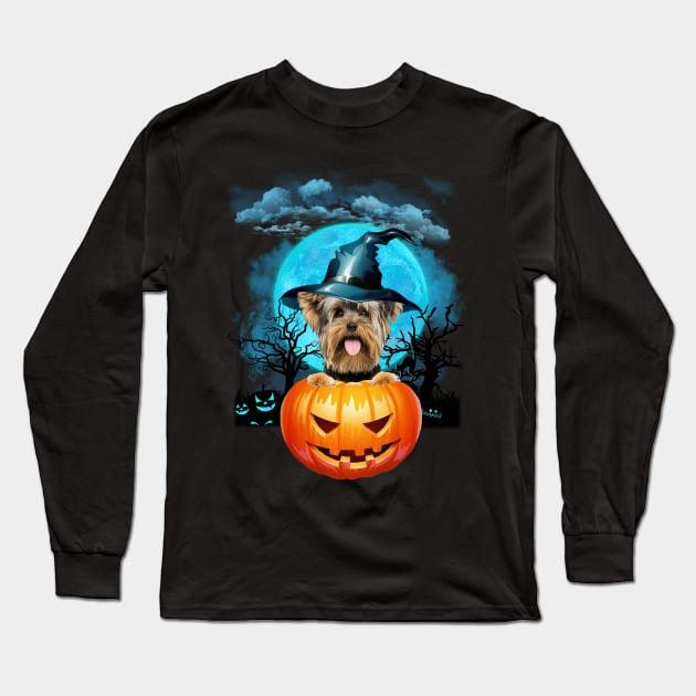 Yorkshire Terrier Witch Hat Pumpkin And Blue Moon Halloween Long Sleeve T-Shirt by PlumleelaurineArt